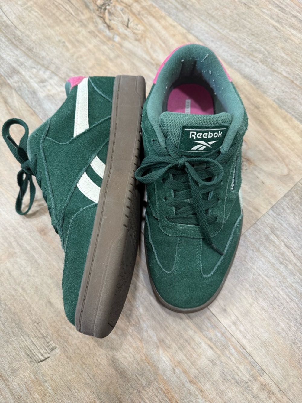 Reebok Green Suede Sneakers with Pink Insole